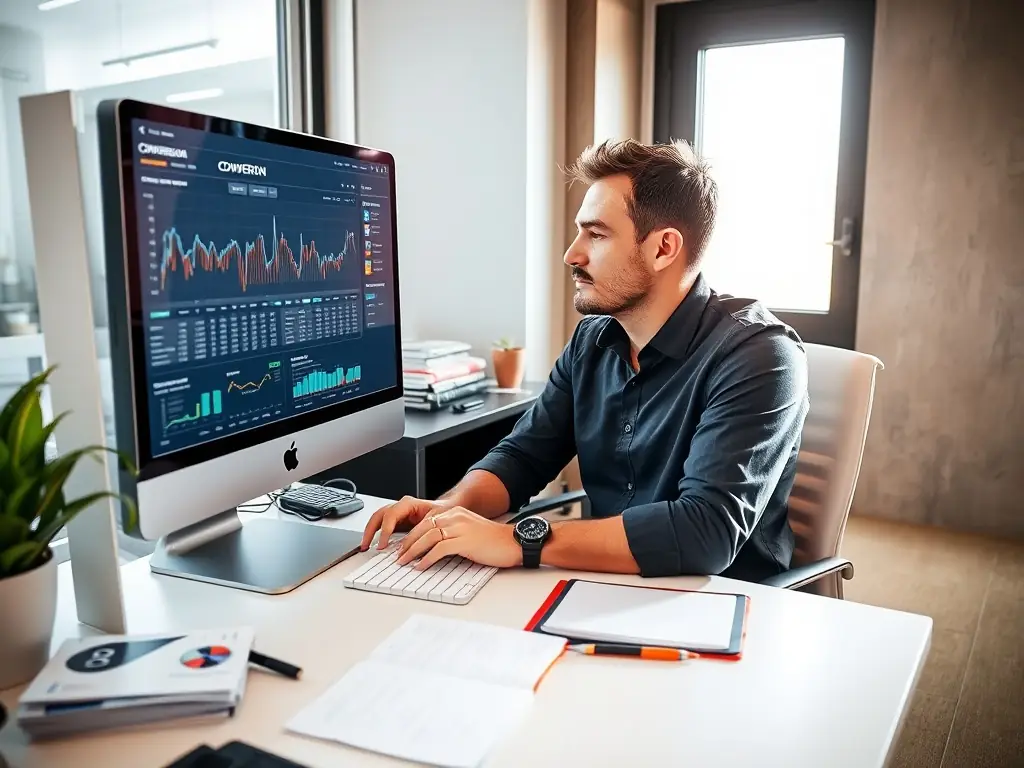 Digital marketing specialist analyzing conversion data on a computer screen.